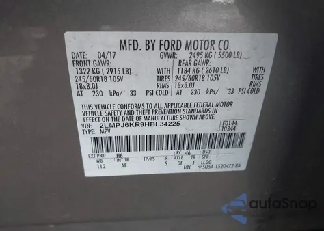 2017 Lincoln Mkx Select from USA, damaged, VIN 2LMPJ6KR9HBL34225